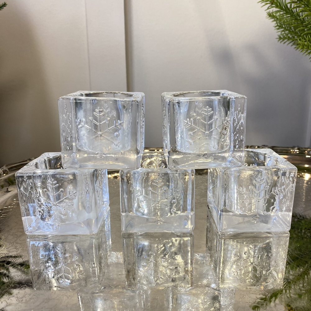 Vintage Heavy Clear Glass Square Candle Holders Set Of 5 , 2 Inches Square